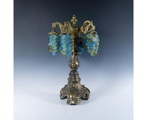 Vintage grape cluster inspired lamp with gilded brass base and textured glass grape shades in green, blue and amber tones. Di