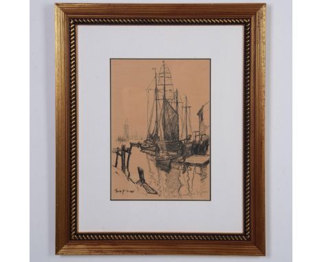 Original graphite drawing on brown paper by American plein-air Impressionist Emile Albert Gruppe who depicts a sailing ship a