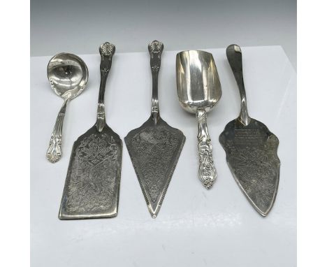 Lovely, elegant set has embossed design on Meat server, pie server, sauce ladle, and flour scoop. Cake server has etched Chri