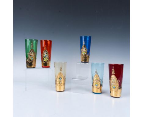 Six stunning Czech/Bohemian hand-crafted polychrome glasses, each adorned with enameled flowers and embossed gold motifs. The