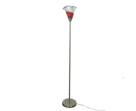 Lovely tall floor lamp with push button floor switch. Lamp comes with hand blown multicolored glass shade. Issued: 21st centu