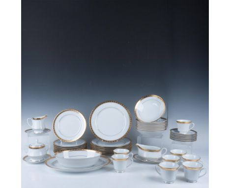Gorgeous collection of Contemporary by Noritake Bone China gilded rimmed dishes that includes a large oval serving platter 13