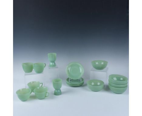 Popular vintage Fire King Jadeite set includes 5 cereal bowls measuring 2.25"H x 5"dia., 2 egg cups measuring 4"H x 2.75"dia.