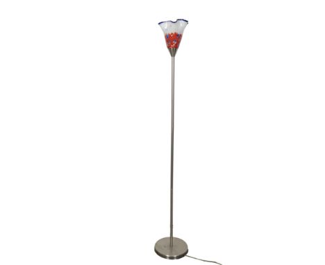 Lovely tall floor lamp with push button floor switch. Lamp comes with hand blown multicolored glass shade. Issued: 21st centu