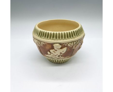 An earthenware bowl-shaped vase in cream, green and dark orange coloration with various figures design in high-relief. Rosevi