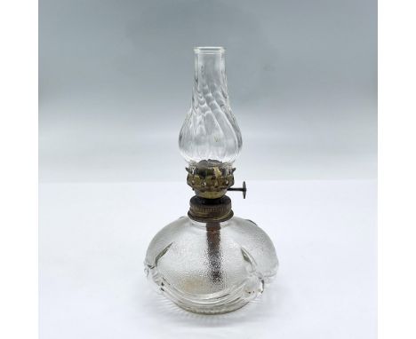 Clear and textured glass oil lamp including chimney with ribboned sash design on the bodyDimensions: 6.5"H x 3.75" diaConditi