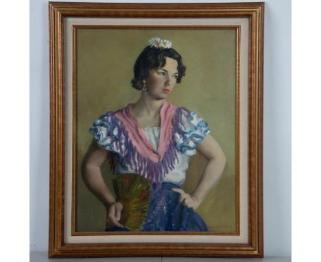 Rarely offered original oil on canvas of a three-quarter length portrait depicting a woman clothed in a Spanish inspired dres