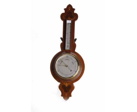 NINETEENTH CENTURY MAHOGANY WHEEL BAROMETER
with 7 inch silvered dial, gilt and steel hands, the body and pediment with inlai