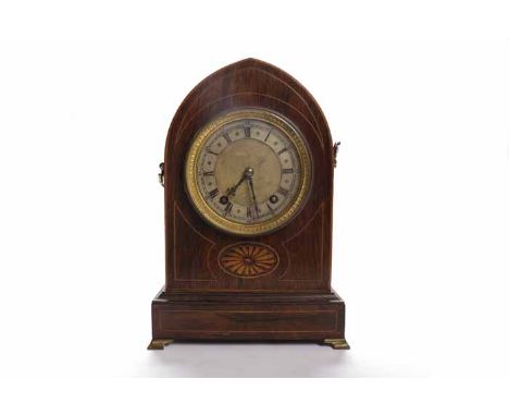 EDWARDIAN INLAID WINTERHALDER AND HOFMEIER ROSEWOOD MANTEL CLOCK
retailed by Barrie & Son, Edinburgh, the signed key wind mov