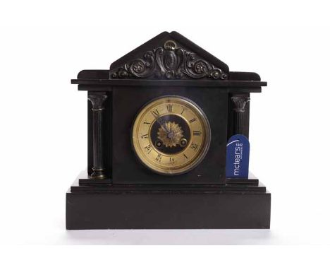 LATE NINETEENTH CENTURY FRENCH SLATE MANTEL CLOCK
the unsigned two train movement striking on a bell and numbered 2150 48, th