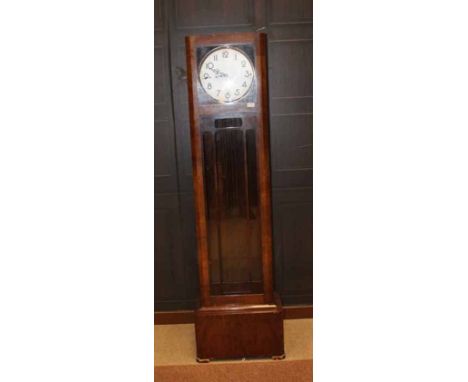 MID-TWENTIETH CENTURY LONGCASE CLOCK 
the unsigned three weight driven movement striking on gongs, the 10 inch silvered dial 