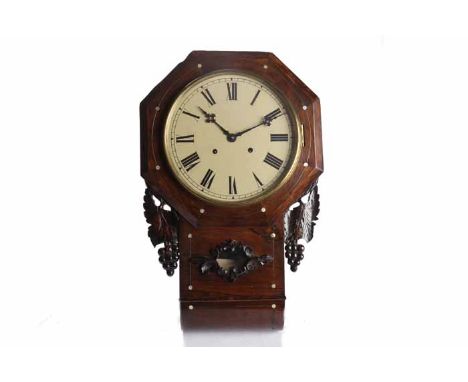 VICTORIAN ROSEWOOD DROP DIAL WALL CLOCK
the two train key wind movement striking on a bell, the 11.5 inch dial with Roman num