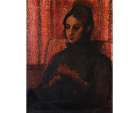 FRENCH SCHOOL (20TH CENTURY) HALF LENGTH PORTRAIT OF A LADY, WEARING RED GLOVES  Pastel and oil on paper, laid to board  61.5