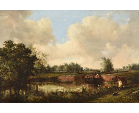 
	
		THOMAS SMYTHE (BRITISH 1825-1906)
		SUMMER LANDSCAPE WITH FIGURES ON A BARGE BY A LOCK
		Oil on canvas
		49 x 74.5cm (19