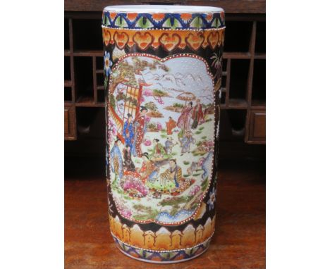Early 20th century handpainted oriental ceramic umbrella stand. Approximately 45cm H x 21cm Diameter 