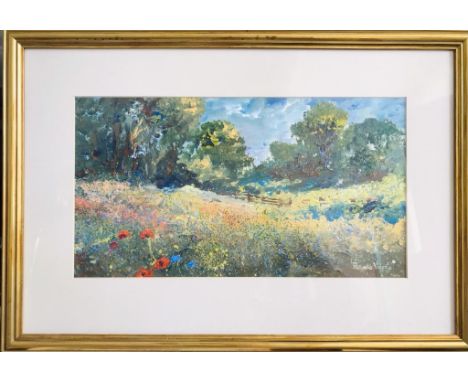 CONTEMPORARY PAINTING N OIL- 'BARLE VALLEY EXMOOR'- REVERSE LABEL 'FROM THE STUDIO OF R VALENTE', SIGNED LOWER RIGHT, APPROXI