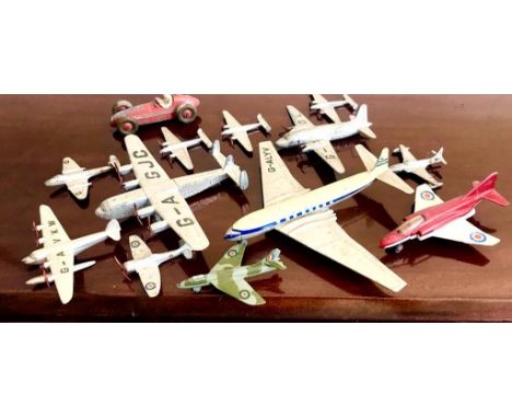 TWELVE DINKY AND LESNEY DIECAST AIRCRAFT MODELS PLUS ONE DINKY RACING CAR 