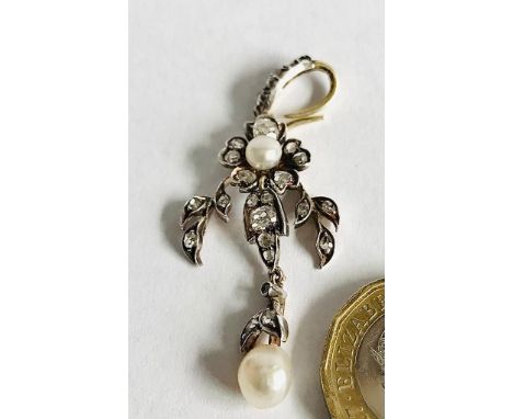 UNHALLMARKED WHITE METAL EDWARDIAN STYLE PENDANT, SET WITH TWENTY-FOUR DIAMONDS, CULTURED PEARL PLUS A BAROQUE PENDANT PEARL 