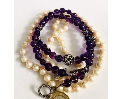 AMETHYST COLOURED NECKLACE PLUS ARTIFICIAL PEARL NECKLACE 