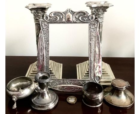PAIR OF PLATED CANDLESTICKS, EMBOSSED PHOTO FRAME FRONTPIECE, SILVER SALT AND SPOON, SILVER CANDLE HOLDER, SILVER NAPKIN RING