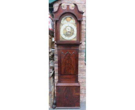 19th century Mahogany cased longcase clock with handpainted and enamelled rolling moon dial, by James R. Booth, Manchester. A