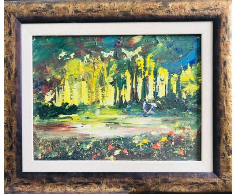 R VALENTE- 'AFTER MONET', OIL ON CANVAS, LABEL TO REVERS, SIGNED LOWER RIGHT, APPROXIMATELY 29 x 38.5cm 