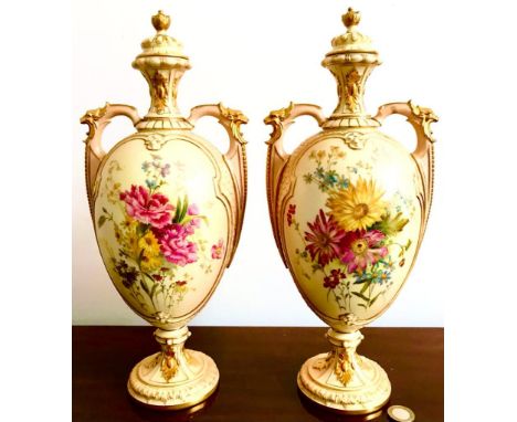 PAIR OF FINE ROYAL WORCESTER VASES AND COVERS, APPROXIMATELY 35cm HIGH 