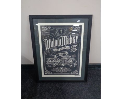 A Widow Maker custom motorcycles print, indistinctly signed, framed.  