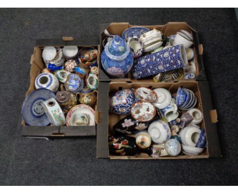 Three boxes of china, Oriental tea ware, vases, Moon flask vase etc 