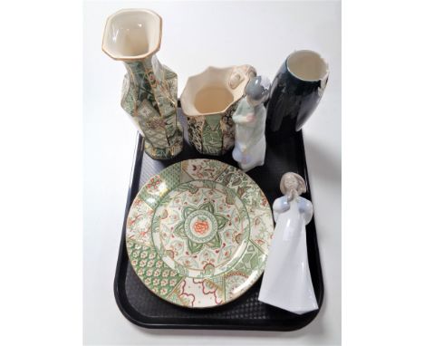 A tray containing Mason's Applique china vase, jug and plate, Lladro figure (AF), A Franz vase, together with one further Nao