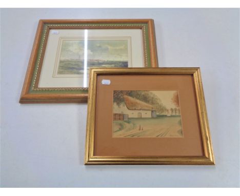 A watercolour depicting a rural homestead, indistinctly signed, in gilt frame, together with a Charles Russell framed print o
