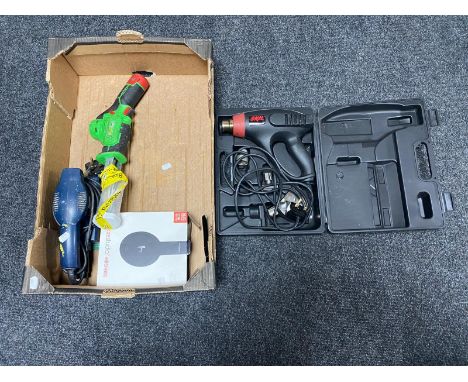 A box of reciprocating saw, electric sander, cased Skill heat gun, set of headphones.