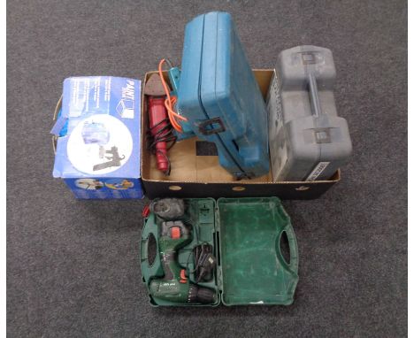 A box of power tools, Hitachi router, Bosch drill, Black and Decker sander etc 