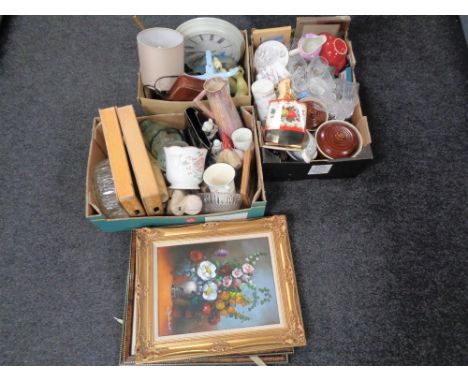 Three boxes of items including assorted tea china, glass ware, wooden trays, kitchen scales, three framed prints 