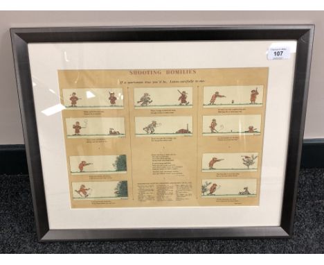 A colour sporting print : Shooting Homilies- 'If a sportsman true you'd be, Listen carefully to me', 27 cm by 36 cm, framed. 