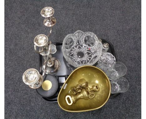 A tray of assorted glass, three way plated candelabra, kitchen scales with brass weights etc 