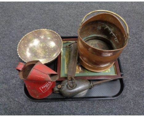 A tray containing brass and copper miniature coal bucket, two vintage oil cans, Salters Improved No.2 hanging scales, eastern