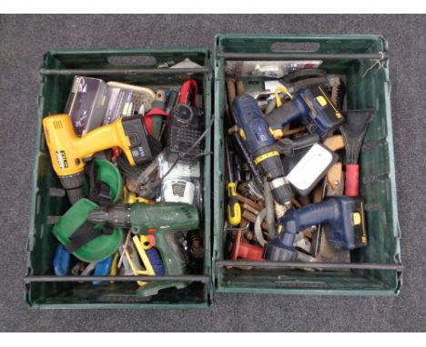 Two plastic crates of power tools and hand tools, electric drills by Einhell, Bosch and Performance 