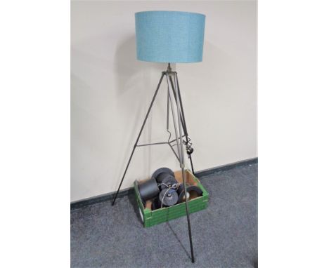 A contemporary metal adjustable standard lamp with shade together with a box of four hanging light fittings in the form of to