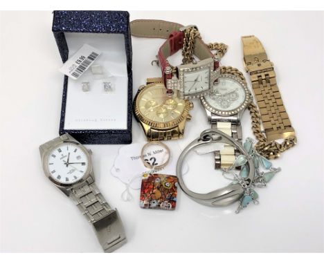 A small quantity of jewellery items to include - pair of sterling silver earrings, Michael Kors watch (Damaged), Festina wris