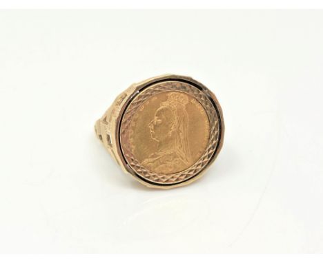 A gent's 9ct gold ring set with a Victorian half sovereign, size W.  CONDITION REPORT: 10.2g gross. 