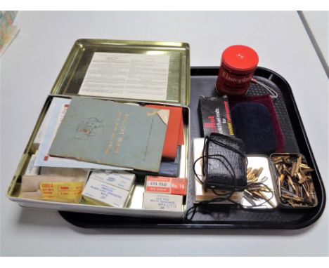 A tray of vintage First Aid case, Leningrada boxed light meter, pocket warmer, fountain pen nibs etc 