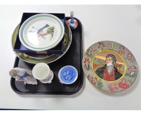 A tray containing continental figure, Royal Worcester vase on raised feet, pin dishes together with a collection of assorted 