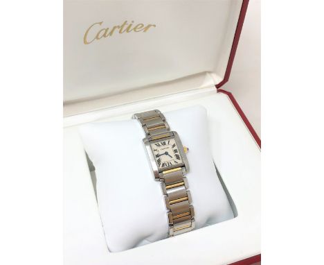 A lady's steel and gold Cartier Tank Francaise wristwatch, ref. 2384, quartz movement, cream dial with Roman numerals and blu