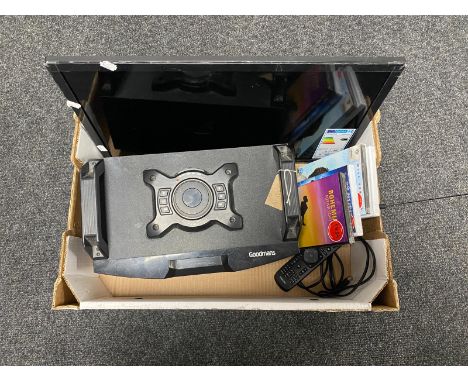A box of an LCD TV, new DVD's, Goodmans part speaker 