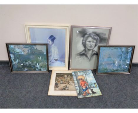 An antiquarian colour print -  Mrs Tabather's cats academy, together with five other framed prints 