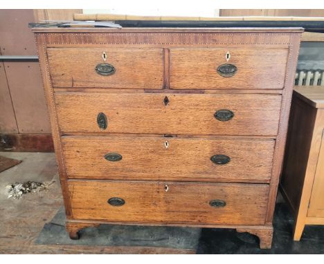 A nineteenth century oak five drawer chest on bracket feet, height 120 cm, width 121 cm, depth 58 cm. This lot is not on view
