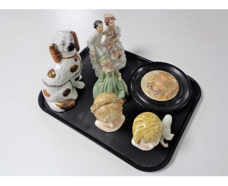 A tray containing antique and later china to include Staffordshire style figure and dog, Royal Worcester figure (grandmother'