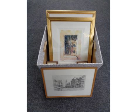 A box containing assorted framed pictures to include a Walter Holmes signed print (Tall Ship on the Tyne), a giclee print, Do