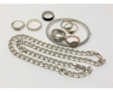 A quantity of jewellery items to include - silver flat link necklace (48g), Ted Baker bangle, Fendi ring, costume band ring, 